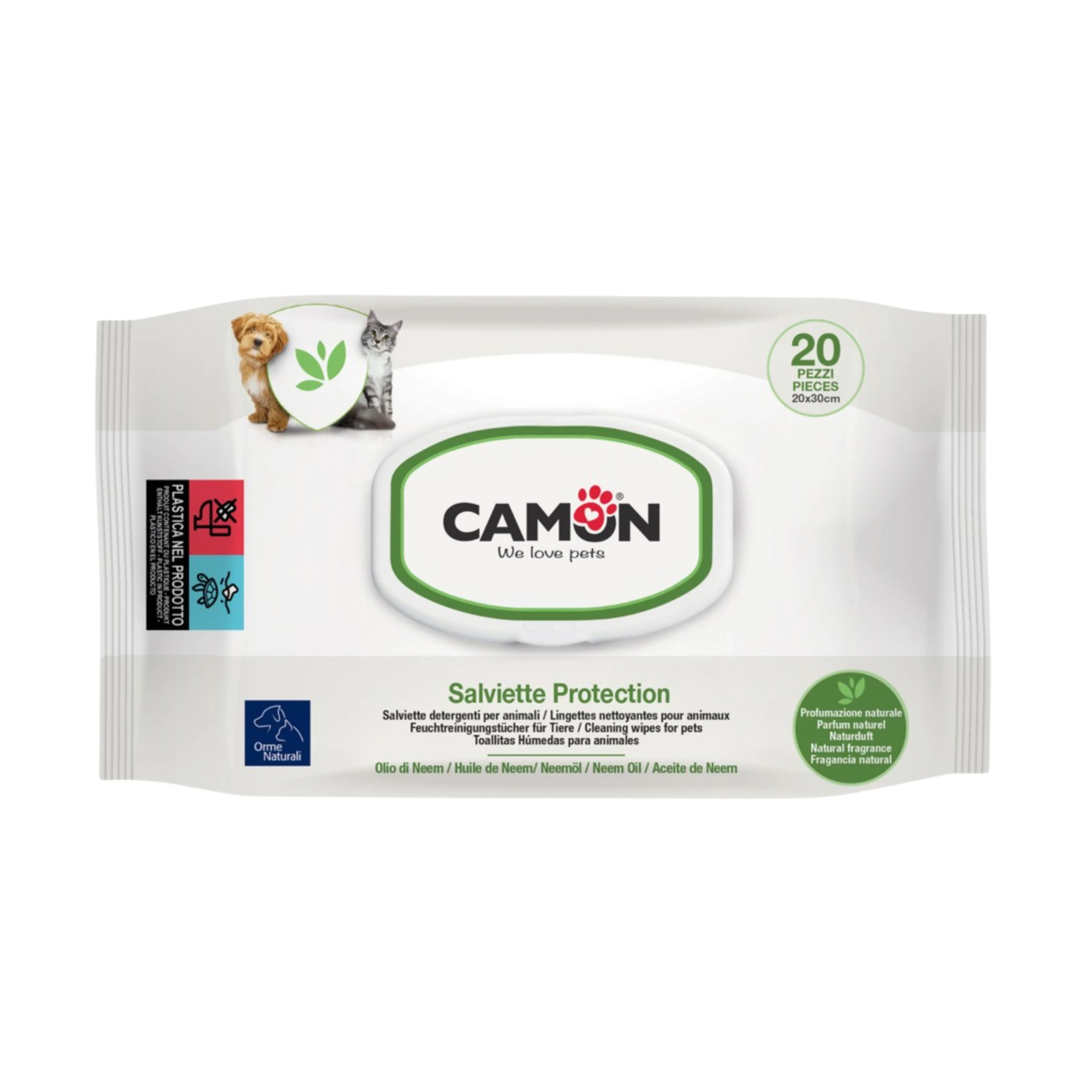 CAMON SALVIETTE DETERGENTI OLIO DI NEEM PER CANI E GATTI - 20 SALVIETTE
