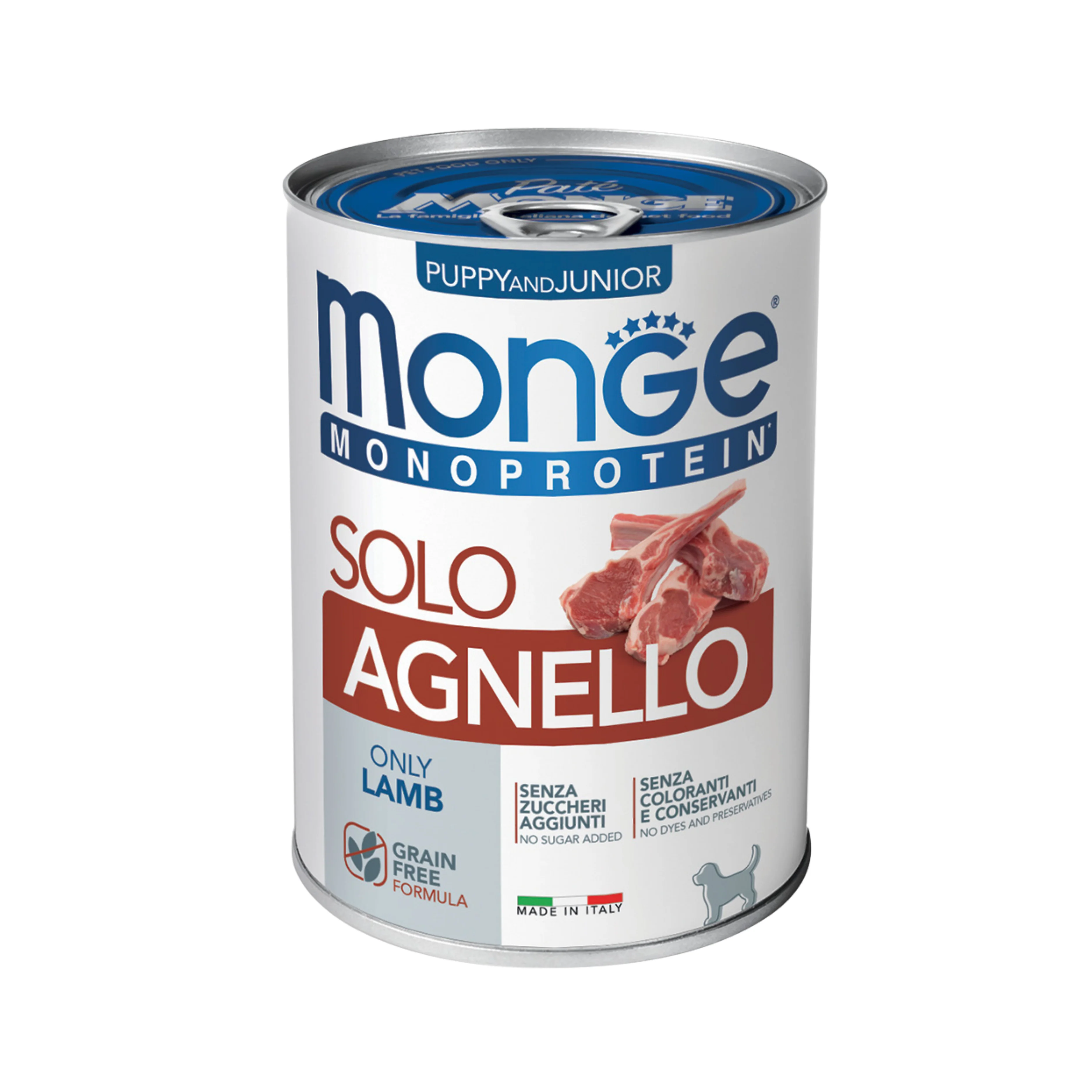 MONGE CANE PUPPY AND JUNIOR MONOPROTEIN PATÈ SOLO AGNELLO 400g