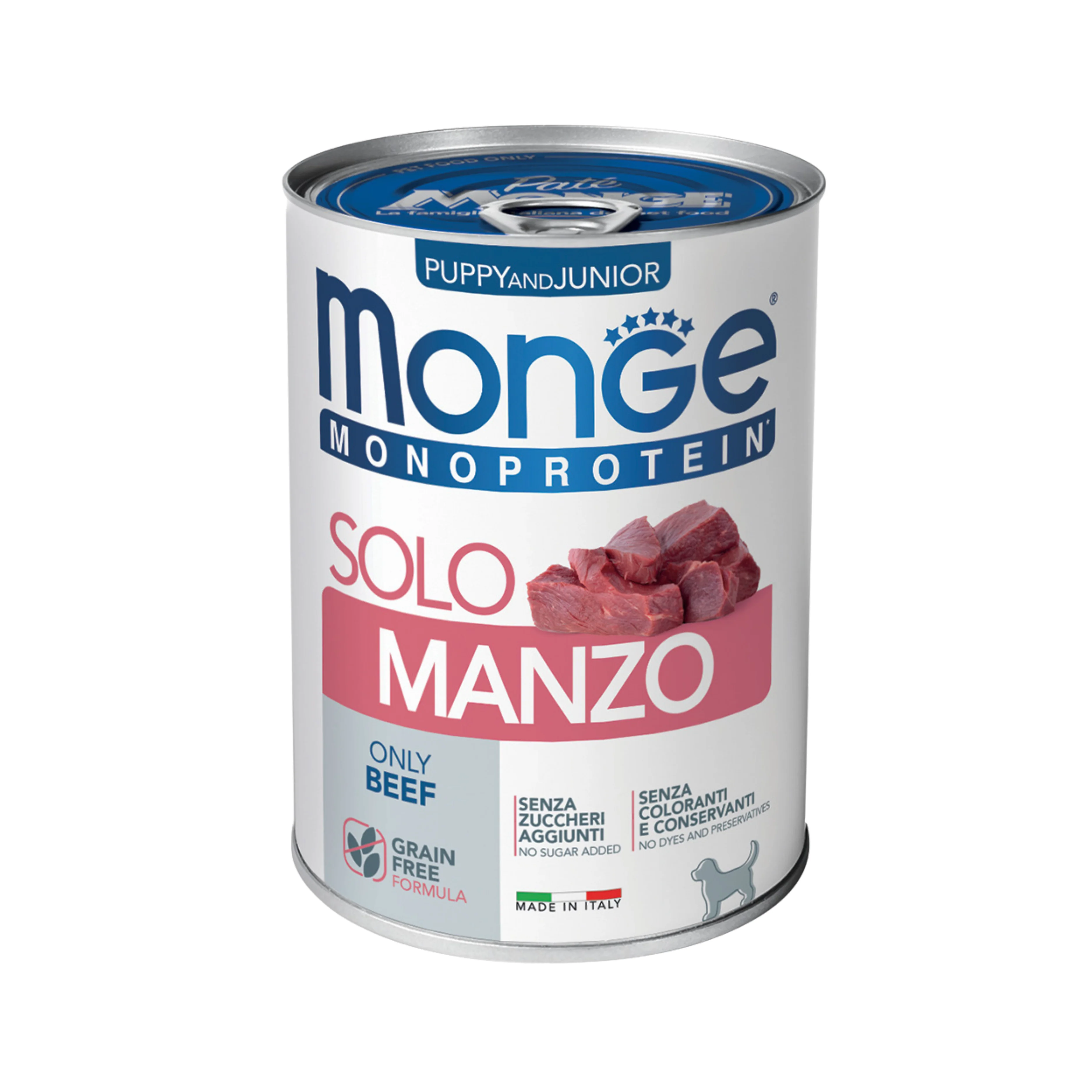 MONGE CANE PUPPY AND JUNIOR MONOPROTEIN PATÈ SOLO MANZO 400g