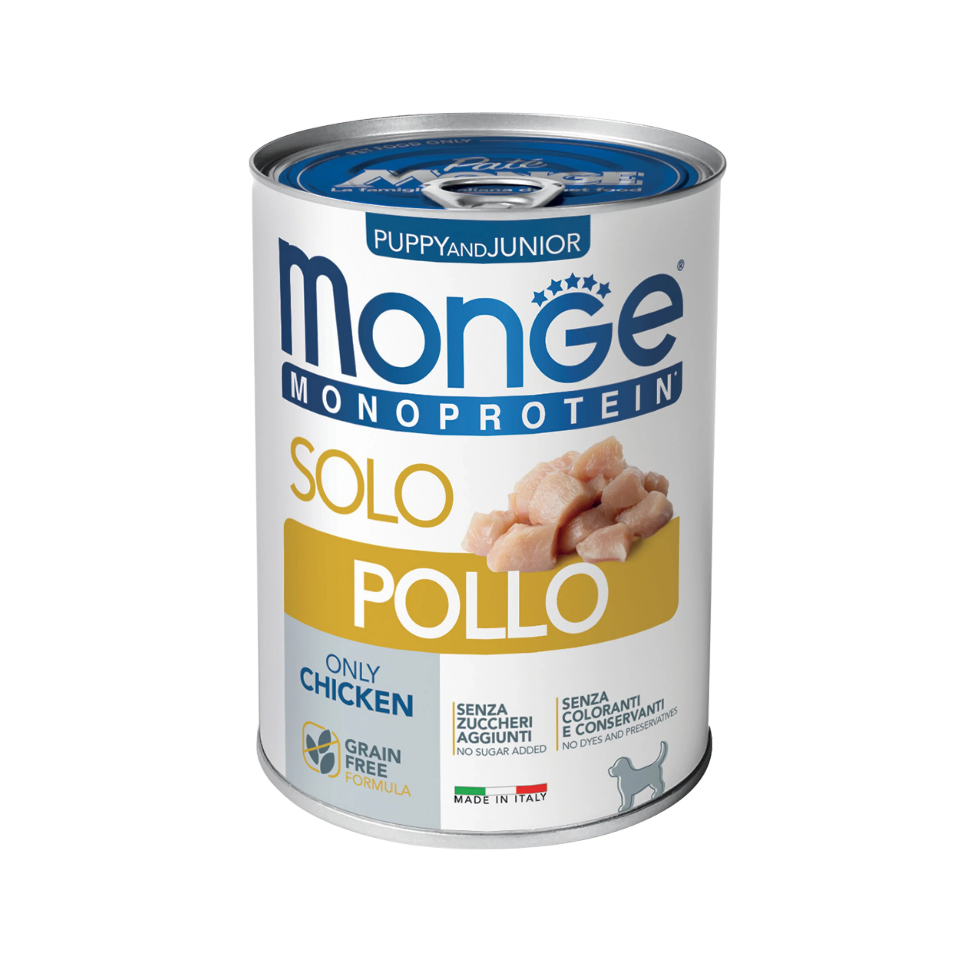 MONGE CANE PUPPY AND JUNIOR MONOPROTEIN PATÈ SOLO POLLO 400g
