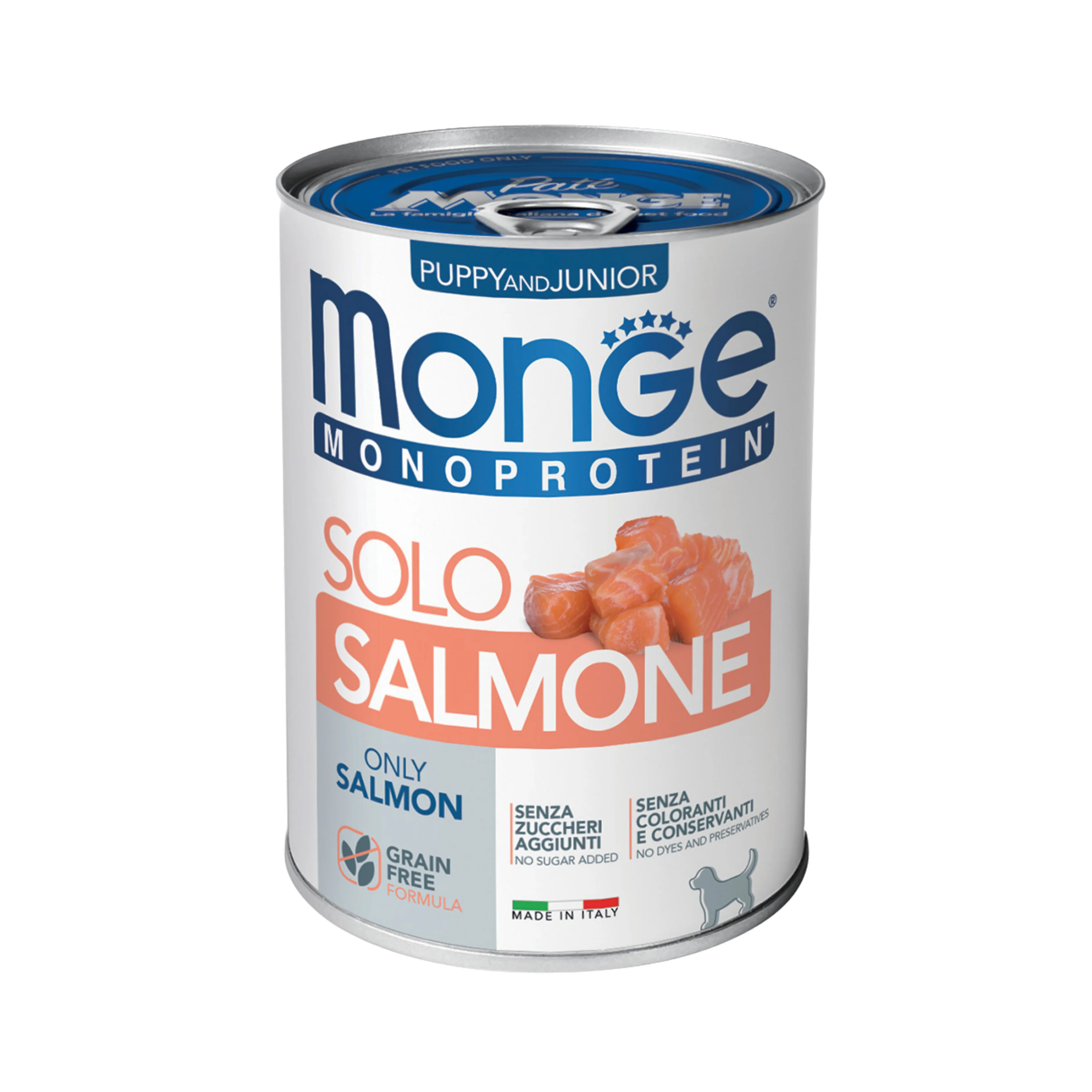 MONGE CANE PUPPY AND JUNIOR MONOPROTEIN PATÈ SOLO SALMONE 400g